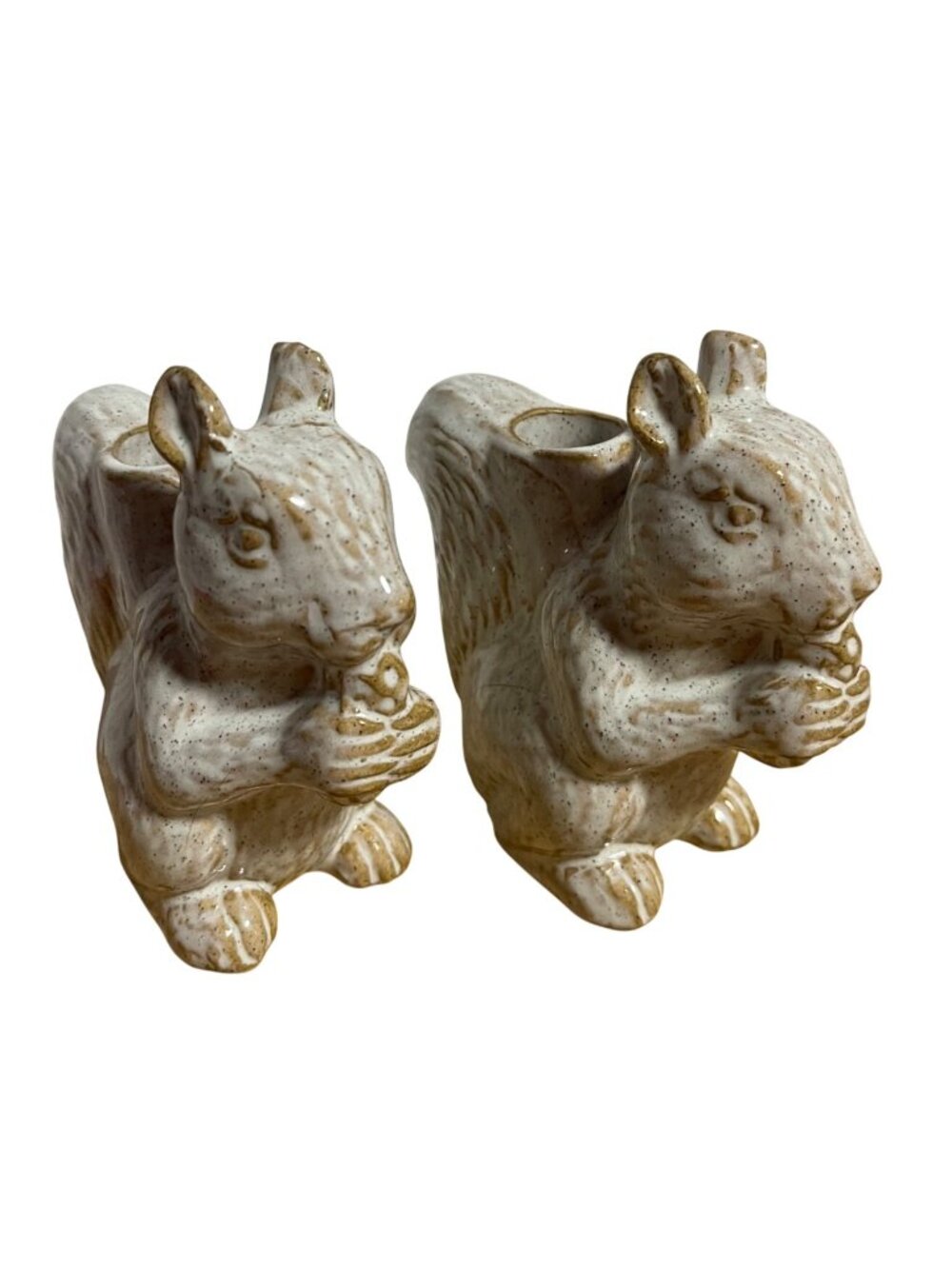 Glazed Ceramic Squirrel Candle Holders Pair Brown Speckled Rustic Woodland Decor